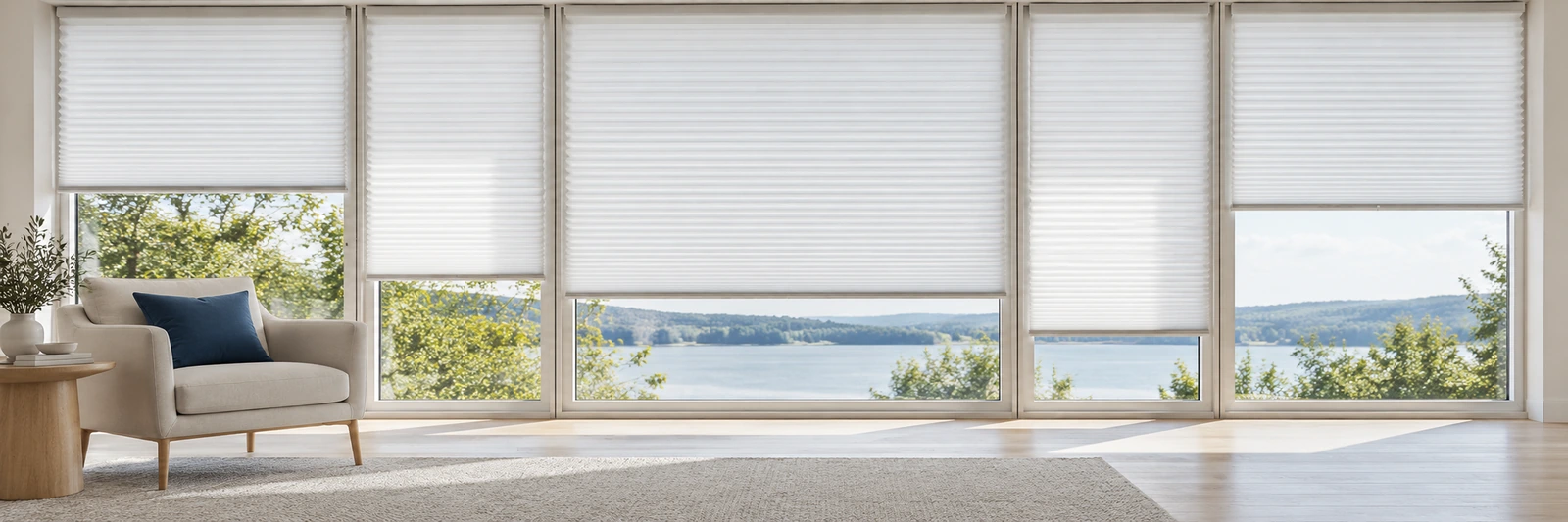 Breite Fensterfront mit weißen Plissees und Blick auf den See