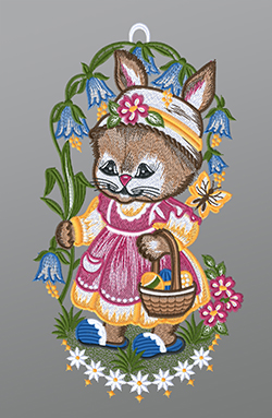 Fensterbild aus Plauener Spitze® - Hasenmädchen mit Glockenblumen #1W mehrfarbig