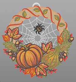 Fensterbild aus Plauener Spitze® - Herbstliche Kürbisse #1W mehrfarbig