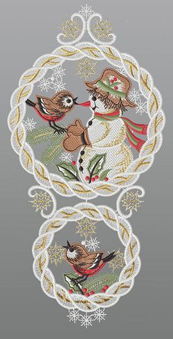 Fensterbild aus Plauener Spitze® - Schneemann mit singenden Vöglein #1W mehrfarbig