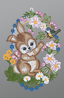 Fensterbild aus Plauener Spitze® - Kleiner Hase mit Vögelchen #1W mehrfarbig