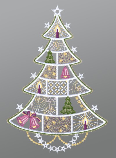 mehrfarbig Vorschau Fensterbild aus Plauener Spitze® - Geschmückter Weihnachtsbaum #1W mehrfarbig mehrfarbig