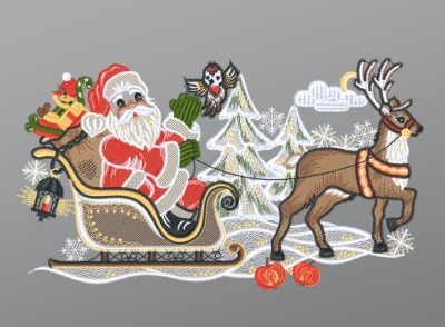 mehrfarbig Vorschau Fensterbild aus Plauener Spitze® - Weihnachtsmann mit Schlitten und Rentier #1W mehrfarbig mehrfarbig