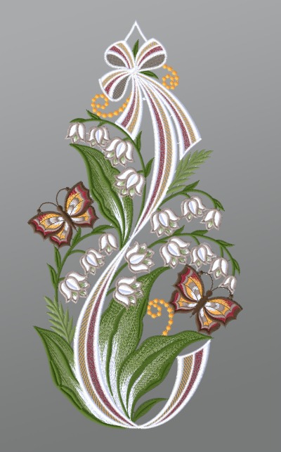 mehrfarbig Vorschau Fensterbild aus Plauener Spitze® - Maiglöckchen mit Schmetterlingen #1W mehrfarbig mehrfarbig