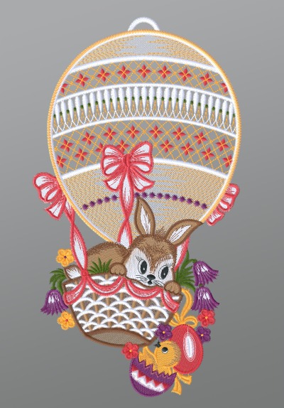 mehrfarbig Vorschau Fensterbild aus Plauener Spitze® - Hase im Heißluftballon und Küken #1W mehrfarbig mehrfarbig