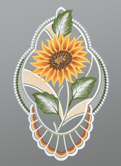 mehrfarbig Vorschau Fensterbild aus Plauener Spitze® - Sonnenblume im Zierrahmen #1W mehrfarbig mehrfarbig