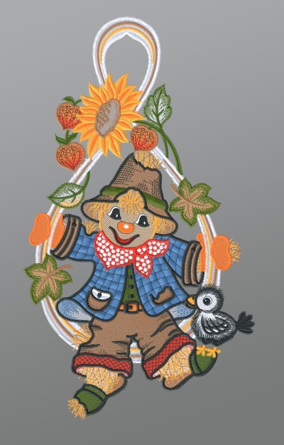 mehrfarbig Vorschau Fensterbild aus Plauener Spitze® - Vogelscheuche mit Herbstlaub und Vögelchen #1W mehrfarbig mehrfarbig