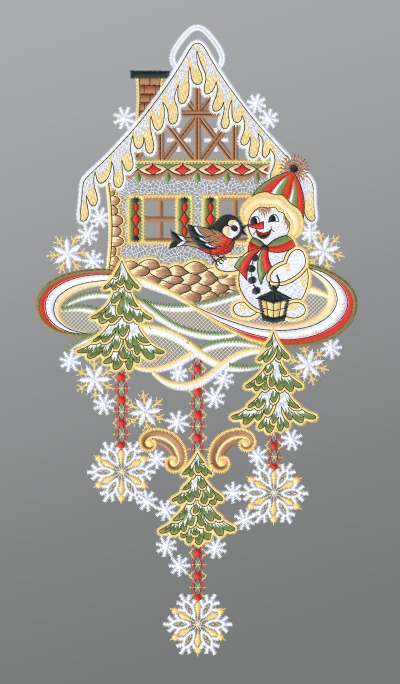 mehrfarbig Vorschau Fensterbild aus Plauener Spitze® - Schneemann mit Winterhäuschen #1W mehrfarbig mehrfarbig