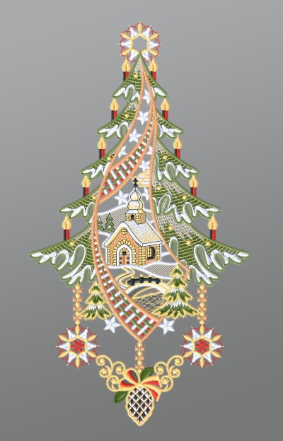 mehrfarbig Vorschau Fensterbild aus Plauener Spitze® - Kirche mit Winterlandschaft und Tannenbaum #1W mehrfarbig mehrfarbig