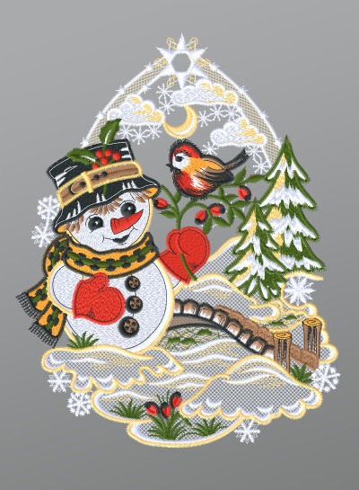 mehrfarbig Vorschau Fensterbild aus Plauener Spitze® - Schneemann mit Vögelchen #1W mehrfarbig mehrfarbig