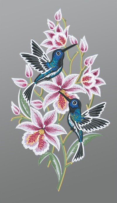 mehrfarbig Vorschau Fensterbild aus Plauener Spitze® - Kolibris mit Orchideen #1W mehrfarbig mehrfarbig