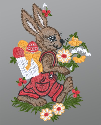mehrfarbig Vorschau Fensterbild aus Plauener Spitze® - Hase mit Osterkörbchen #1W mehrfarbig mehrfarbig
