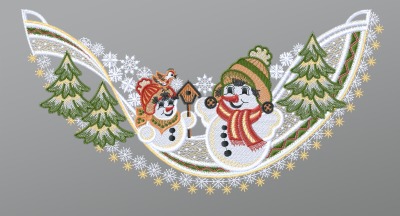 mehrfarbig Vorschau Fensterbild aus Plauener Spitze® - Schneemann Duo mit Vogelhaus #1W mehrfarbig mehrfarbig
