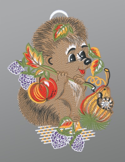 mehrfarbig Vorschau Fensterbild aus Plauener Spitze® - Igel mit Brombeeren und Schnecke #1W mehrfarbig mehrfarbig