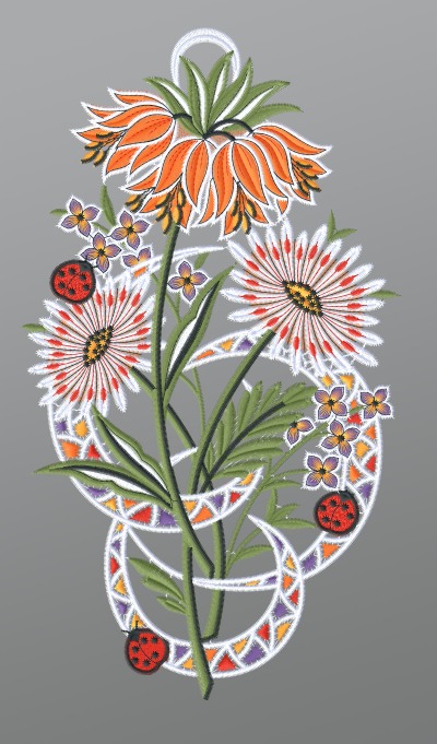 mehrfarbig Vorschau Fensterbild aus Plauener Spitze® - Kaiserkrone mit Marienkäfern #1W mehrfarbig mehrfarbig