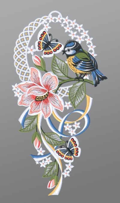 mehrfarbig Vorschau Fensterbild aus Plauener Spitze® - Blaumeise mit Schmetterling und Blume #1W mehrfarbig mehrfarbig