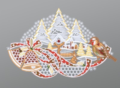 mehrfarbig Vorschau Fensterbild aus Plauener Spitze® - Winterlandschaft mit Vogel und Glocken #1W mehrfarbig mehrfarbig