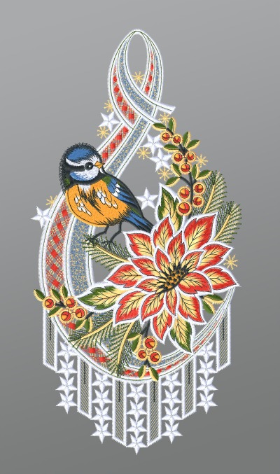 mehrfarbig Vorschau Fensterbild aus Plauener Spitze® - Blaumeise mit Weihnachtsstern #1W mehrfarbig mehrfarbig