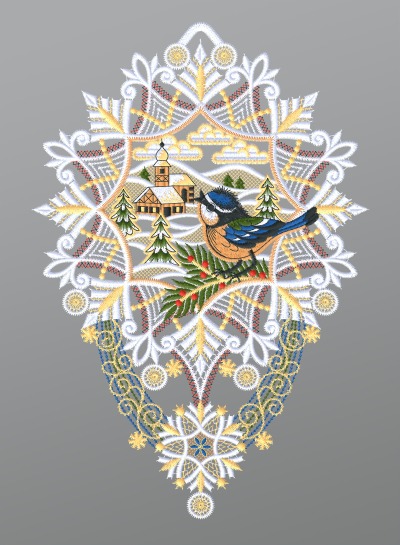 mehrfarbig Vorschau Fensterbild aus Plauener Spitze® - Blaumeise mit Kapelle und Stern #1W mehrfarbig mehrfarbig