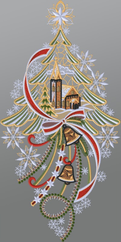 mehrfarbig Vorschau Fensterbild aus Plauener Spitze® - Kirche mit Tannenbaum und Glocken #1W mehrfarbig mehrfarbig