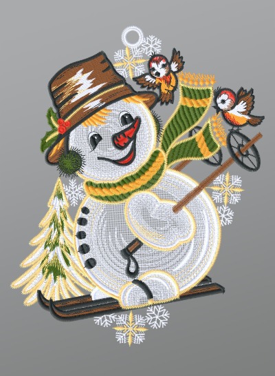 mehrfarbig Vorschau Fensterbild aus Plauener Spitze® - Schneemann auf Skiern #1W mehrfarbig mehrfarbig