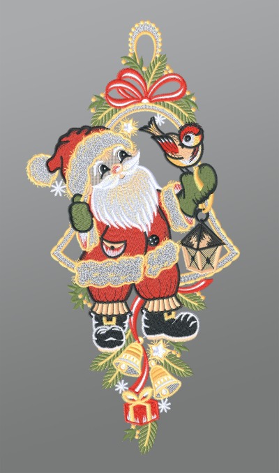 mehrfarbig Vorschau Fensterbild aus Plauener Spitze® - Weihnachtsmann mit Vögelchen #1W mehrfarbig mehrfarbig