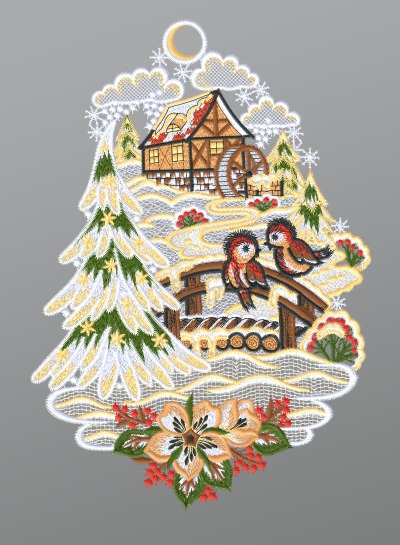 mehrfarbig Vorschau Fensterbild aus Plauener Spitze® - Wassermühle in Winterlandschaft #1W mehrfarbig mehrfarbig
