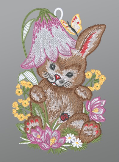 mehrfarbig Vorschau Fensterbild aus Plauener Spitze® - Osterhase mit Blütenhut #1W mehrfarbig mehrfarbig