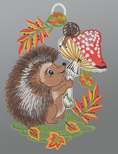 mehrfarbig Vorschau Fensterbild aus Plauener Spitze® - Igel mit Fliegenpilz #1W mehrfarbig mehrfarbig