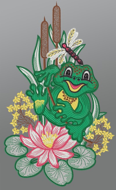 mehrfarbig Vorschau Fensterbild aus Plauener Spitze® - Frosch am Teich #1W mehrfarbig mehrfarbig