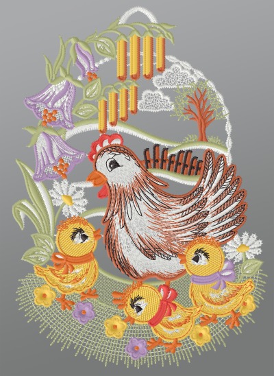 mehrfarbig Vorschau Fensterbild aus Plauener Spitze® - Hühnerfamilie #1W mehrfarbig mehrfarbig