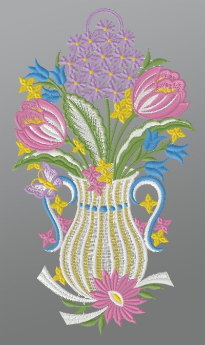 mehrfarbig Vorschau Fensterbild aus Plauener Spitze® - Vase mit Frühlingsblumen #1W mehrfarbig mehrfarbig
