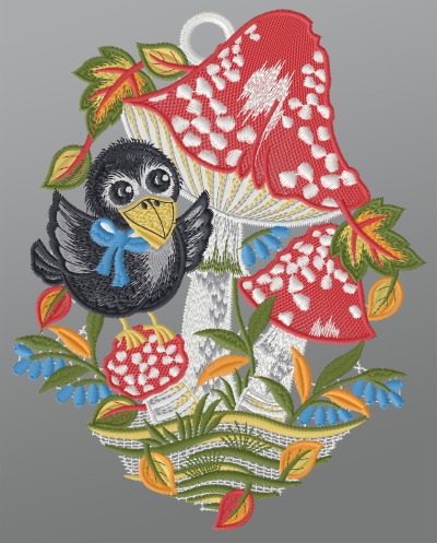mehrfarbig Vorschau Fensterbild aus Plauener Spitze® - kleiner Rabe unterm Fliegenpilz #1W mehrfarbig mehrfarbig