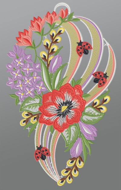 mehrfarbig Vorschau Fensterbild aus Plauener Spitze® - Sommerblumen mit Marienkäfer #1W mehrfarbig mehrfarbig