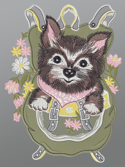 mehrfarbig Vorschau Fensterbild aus Plauener Spitze® - Hündchen im Rucksack #1W mehrfarbig mehrfarbig