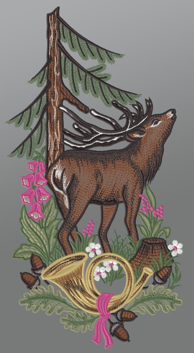mehrfarbig Vorschau Fensterbild aus Plauener Spitze® - Hirsch mit Jagdhorn #1W mehrfarbig mehrfarbig