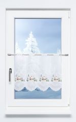 braun-grün Vorschau Hütte im Schnee #1W - Scheibengardine Plauener Spitze® braun-grün